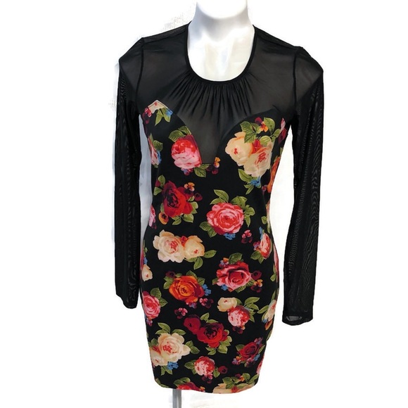 Woman’s Guess Sheer Floral Print Body Con Dress L - Picture 1 of 8